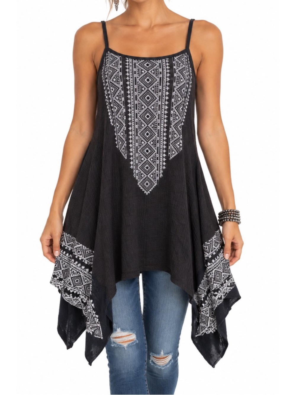 Vocal Dark Gray Rhinestone Embellished Long Tunic Tank Top